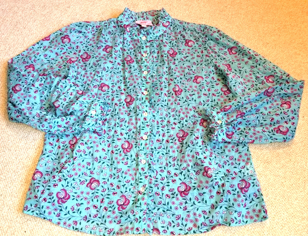 Womens Top-BANJANAN-blue/pink floral button-up ruffled Cottagecore Coastal-M - Picture 1 of 4